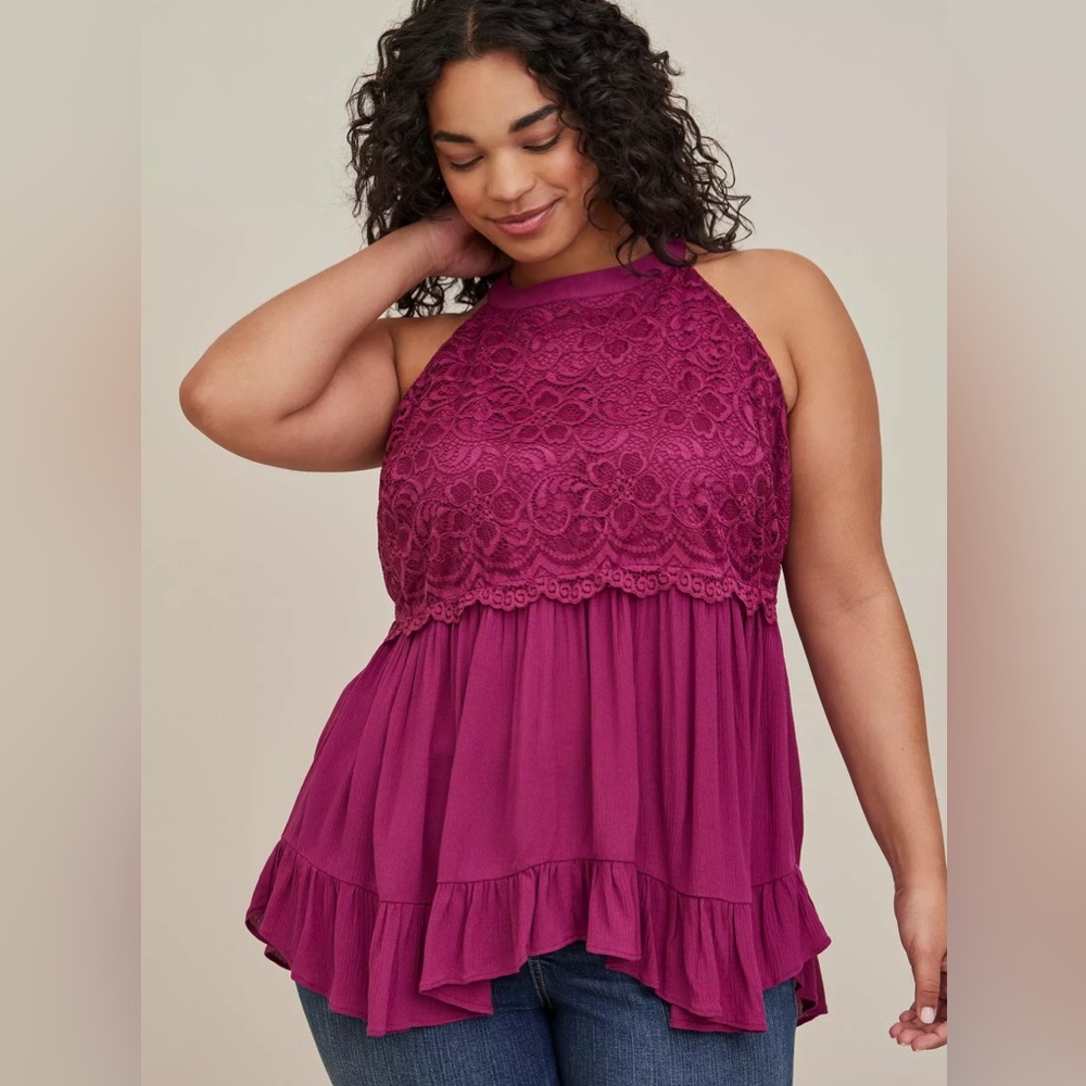 NEW Torrid Babydoll Gauze With Lace Halter Neck Tank Purple Women's Size 2X